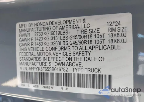 2025 Honda Ridgeline Trailsport from USA, damaged, VIN 5FPYK3F65SB016782